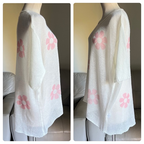 Cocolove Sz M L Mohair Blend Knit Floral Tunic Top Short Sleeve Sweater White - Picture 12 of 15
